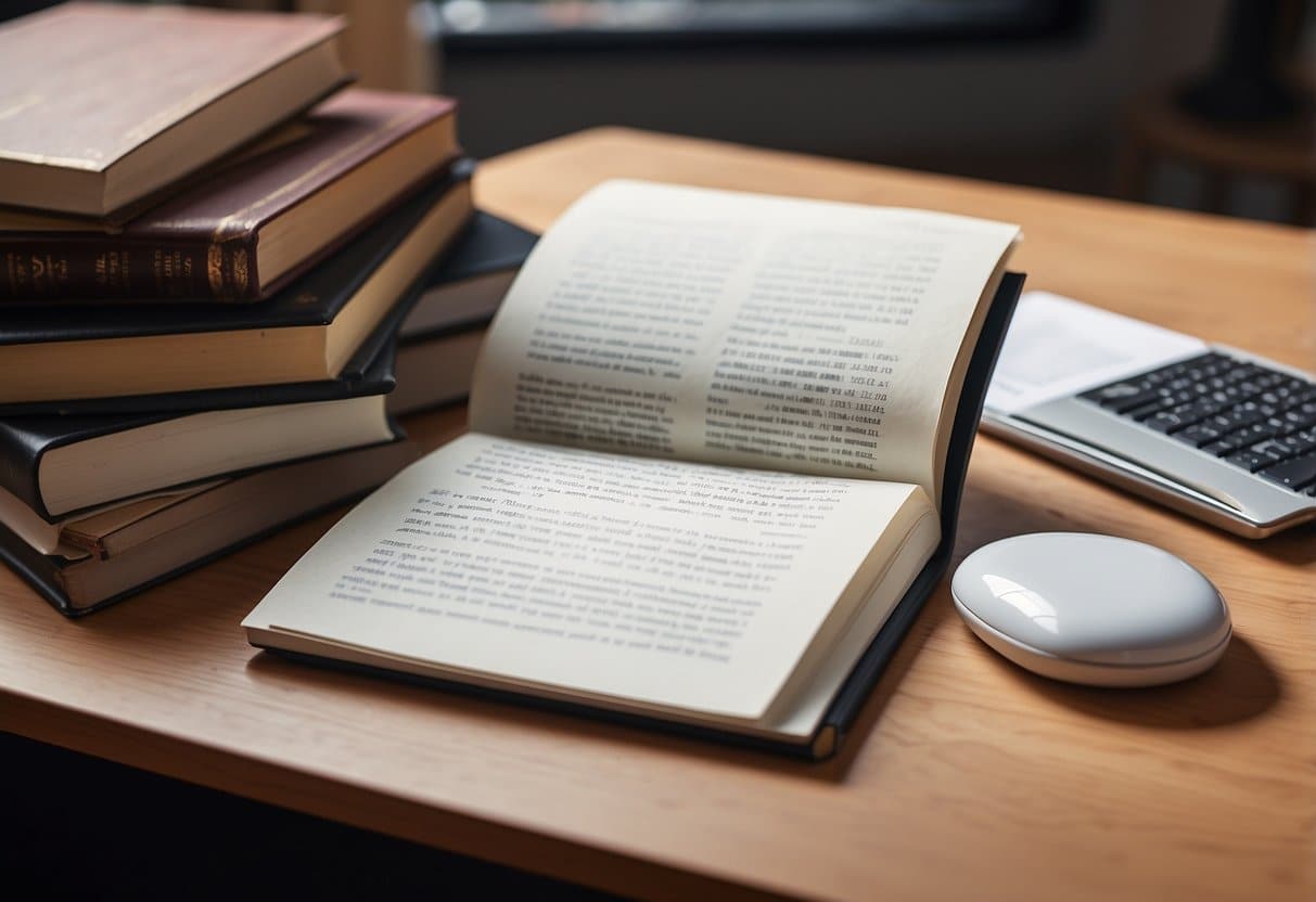 A clutter-free desk with a stack of books, a laptop, and a notepad. A pencil and ruler lay neatly beside the open textbook