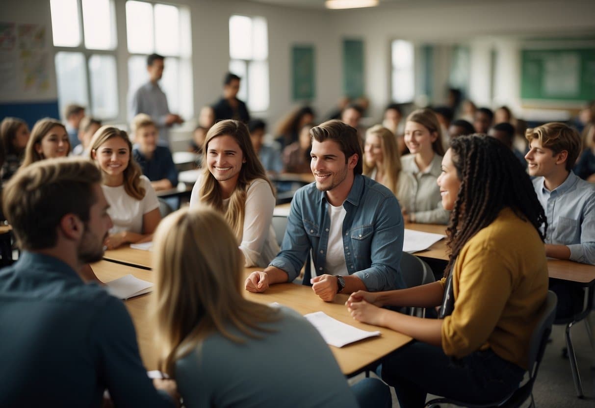 Students engage in lively discussions, sharing ideas and asking questions. The classroom is filled with energy and excitement as they actively participate in the lesson