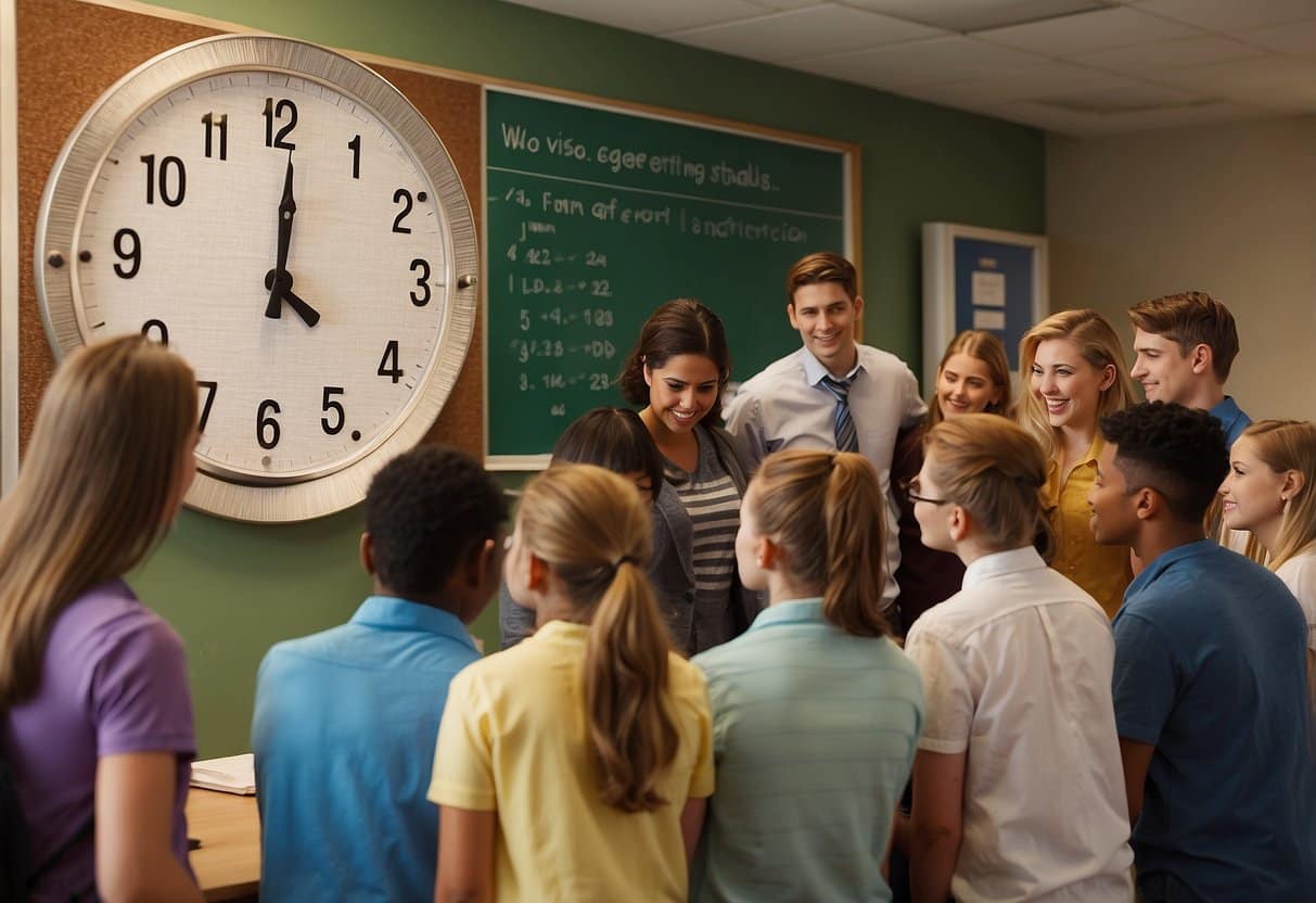 Students gather around a bulletin board with "10 Tips For Getting Good Grades" posted. A clock shows office hours