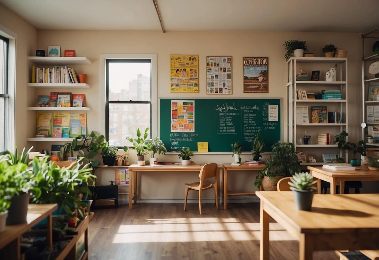 Bright classroom with colorful posters, bookshelves, whiteboard, and desks. Plants, educational toys, and a cozy reading nook add warmth to the space