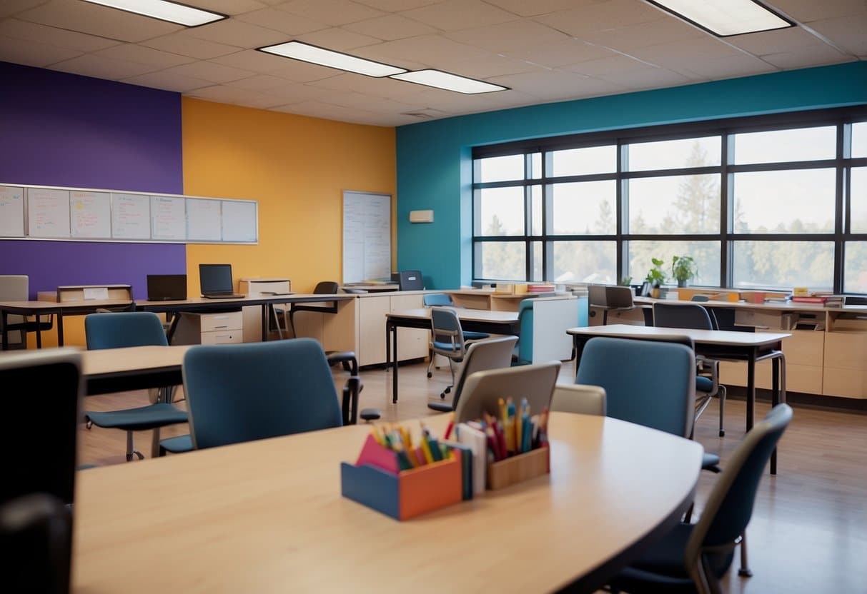 A classroom with an adjustable desk, chairs, whiteboard, books, pencils, and a computer. Brightly lit with large windows and colorful decorations