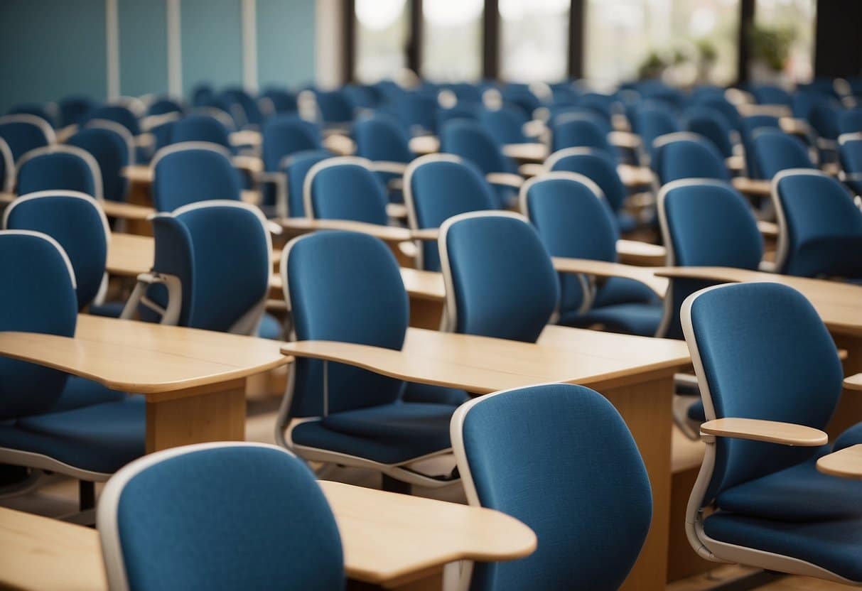 A classroom with 10 ergonomic chairs arranged neatly in rows, each with adjustable features and supportive padding for comfort