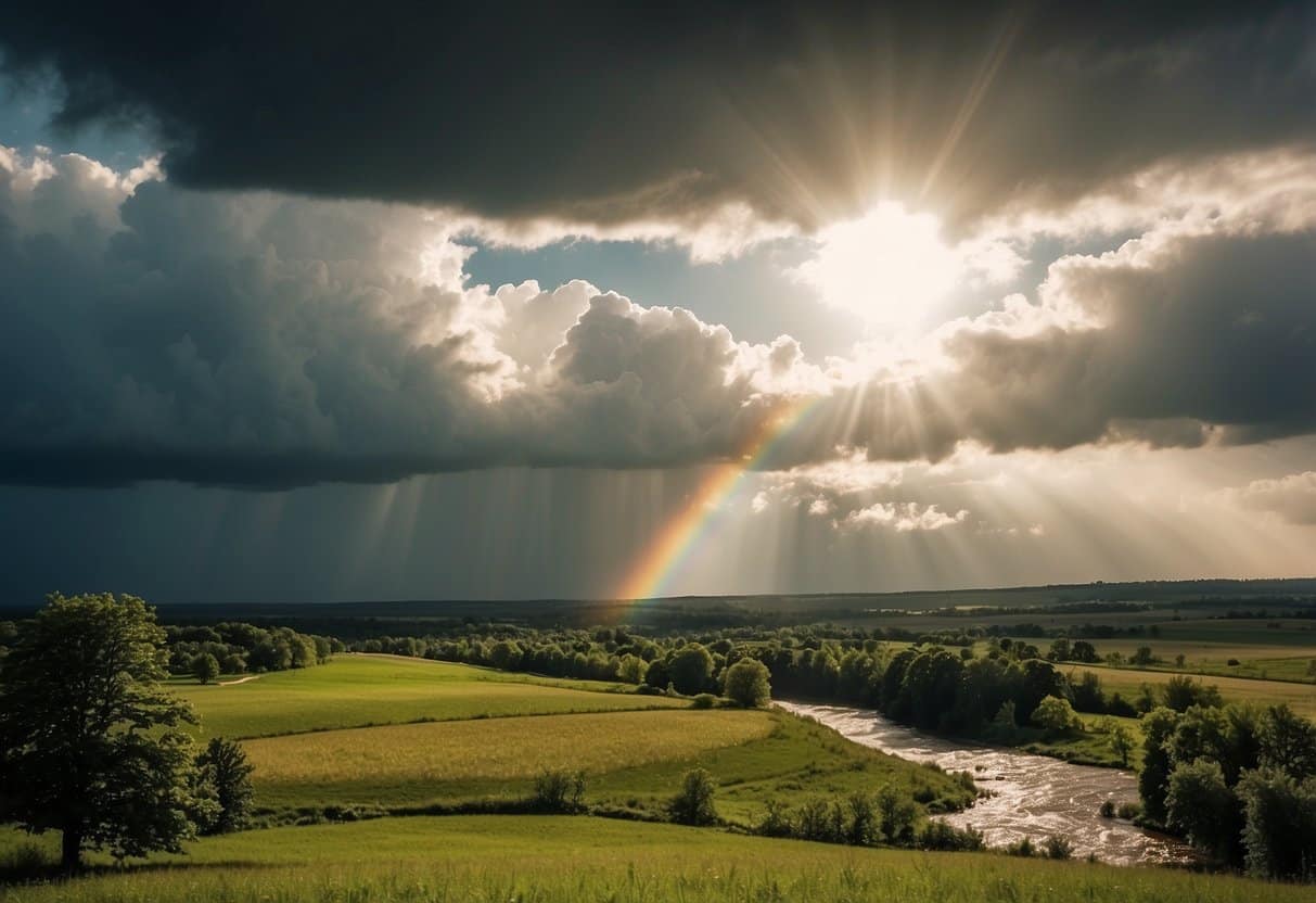 Bright sun, fluffy clouds, and a rainbow over a green landscape. Wind blowing trees and a river flowing. Tornado and lightning in the distance