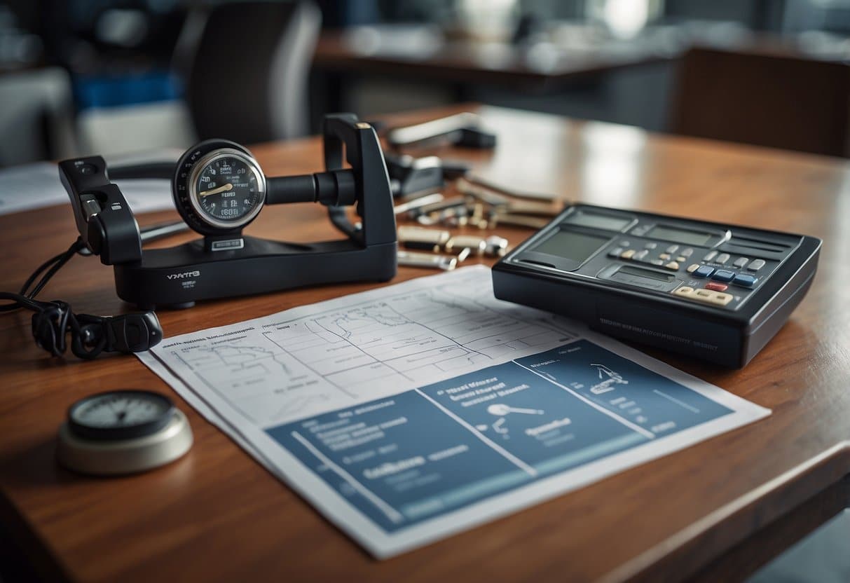 An array of weather instruments and tools arranged on a table, with charts and diagrams displayed in the background