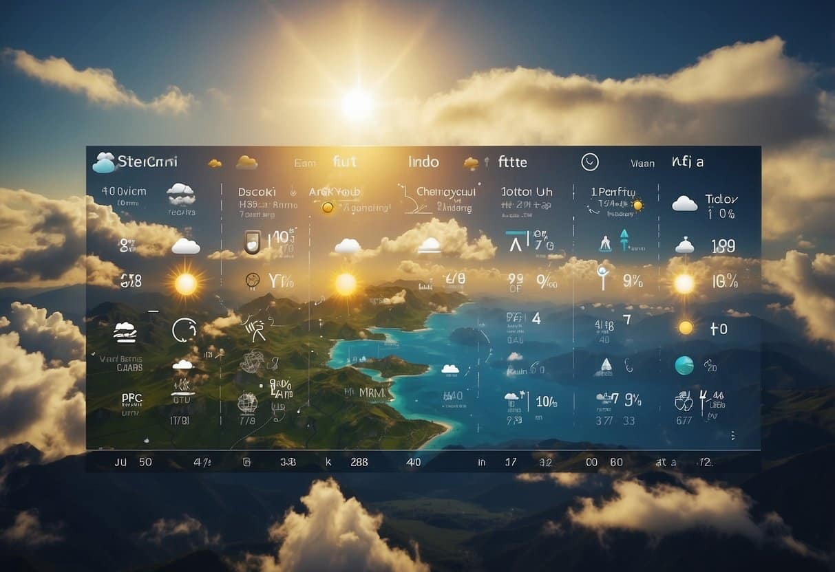 A map with various weather symbols, arrows, and temperature readings. Wind and cloud patterns are indicated, with a sun and rain icon present