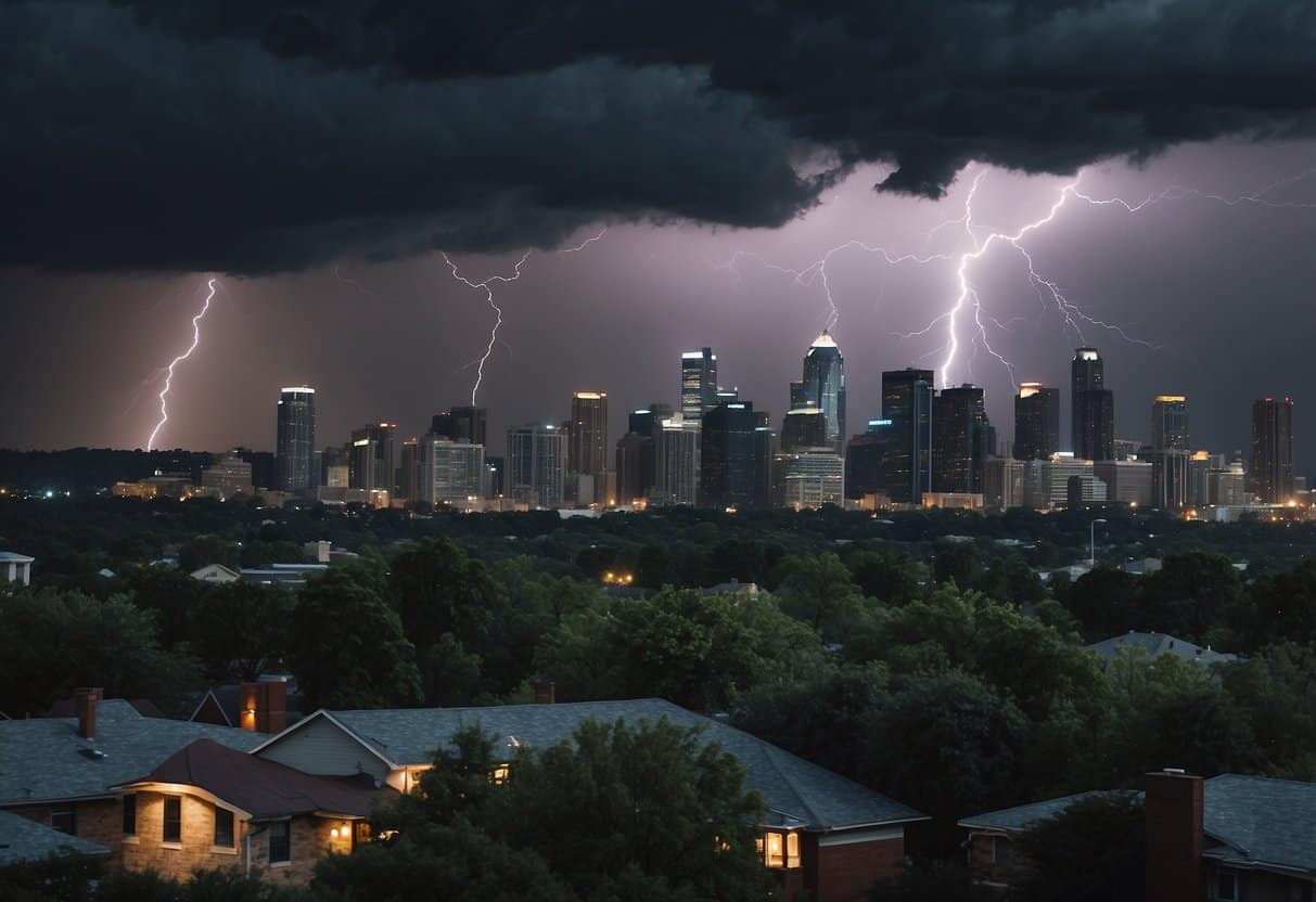 Dark storm clouds loom over a city skyline. Lightning strikes in the distance as rain pours down, flooding the streets. Wind whips through the trees, causing branches to sway and leaves to scatter