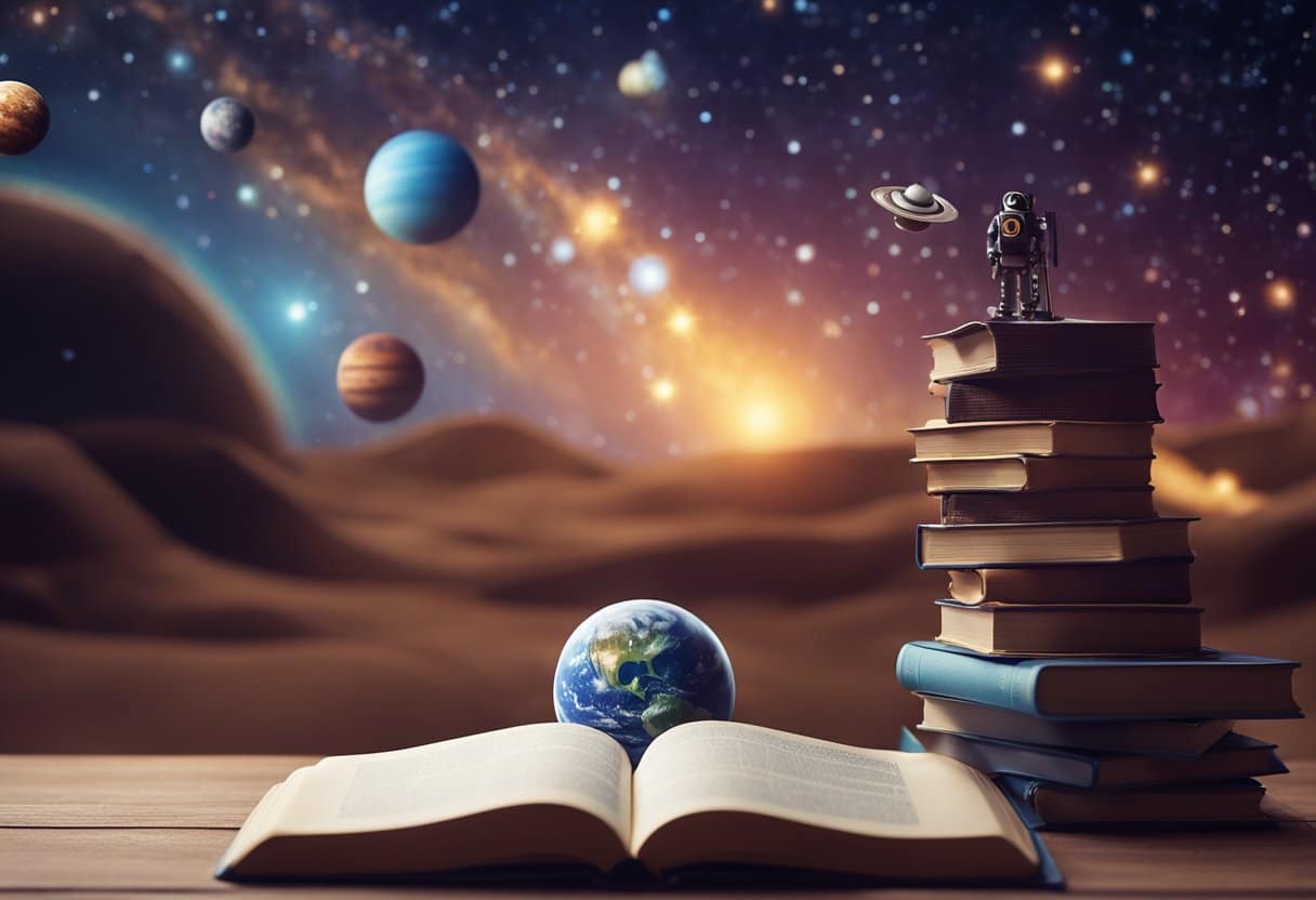 In the book "There's No Place Like Space," a rocket flies past colorful planets and twinkling stars in the vast expanse of outer space
