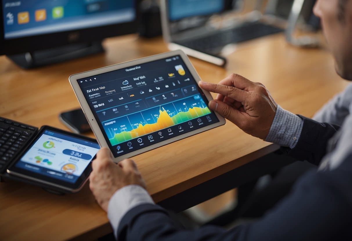 A teacher holds a tablet displaying weather apps. Icons for radar, forecasts, and interactive maps surround the device. A stylus points to tips on the screen