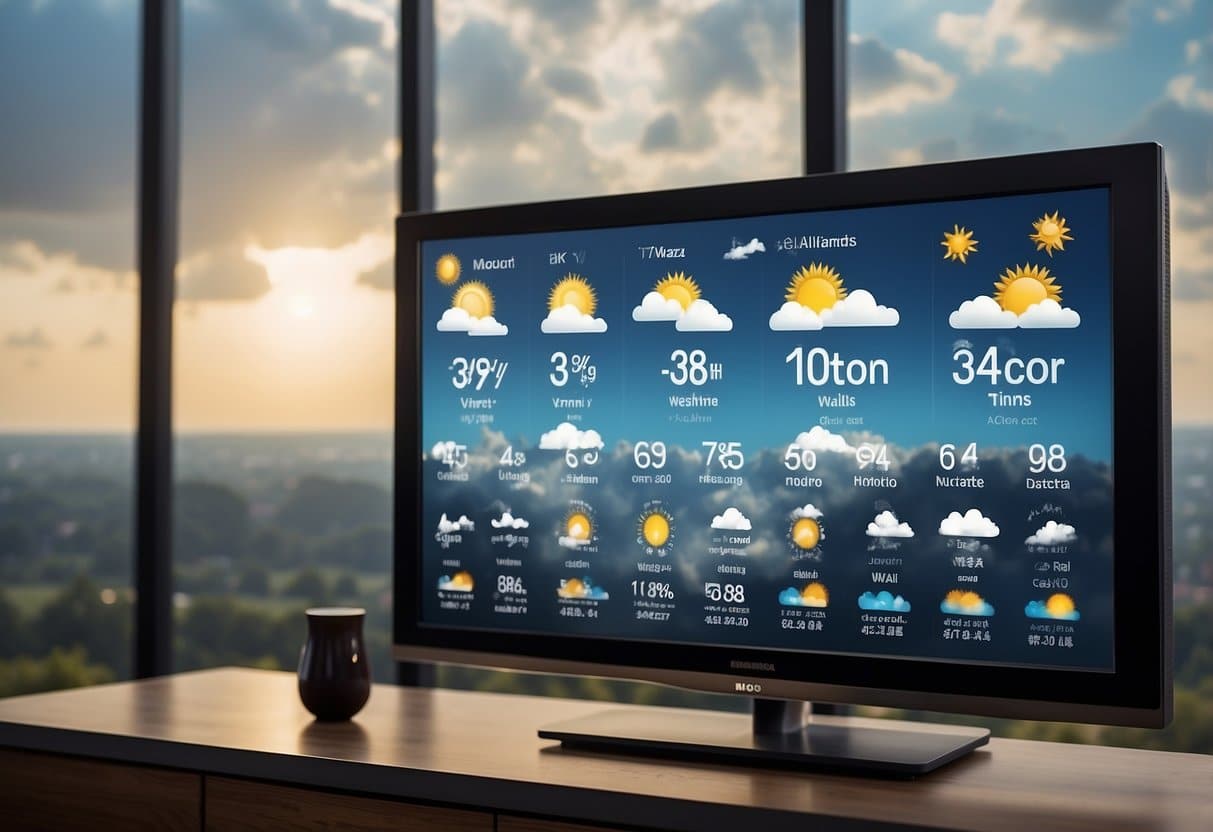 Local weather reports displayed on a TV screen with a list of 10 teaching tips about the weather. Icons of sun, clouds, and rain are shown