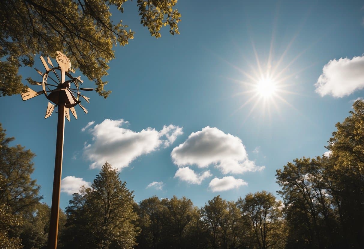 A clear sky with scattered clouds, a bright sun shining down, and a gentle breeze blowing through the trees. Temperature and humidity indicators are visible, along with a weather vane showing wind direction