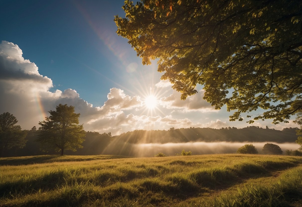 A bright sun shines down on a landscape with fluffy clouds and a rainbow. Wind blows through the trees, and rain falls gently from the sky