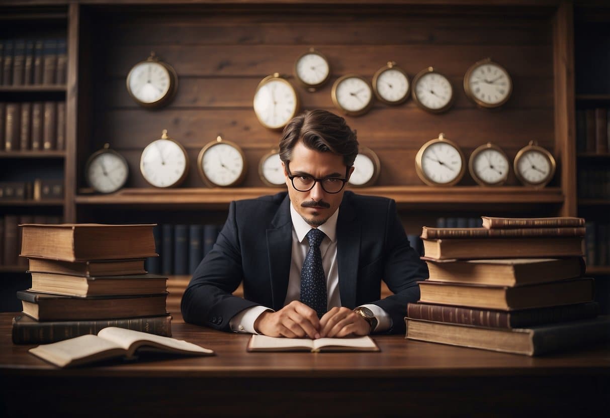 A lawyer studying at a desk with law books, a laptop, and notes. A calendar and clock on the wall show the passage of time