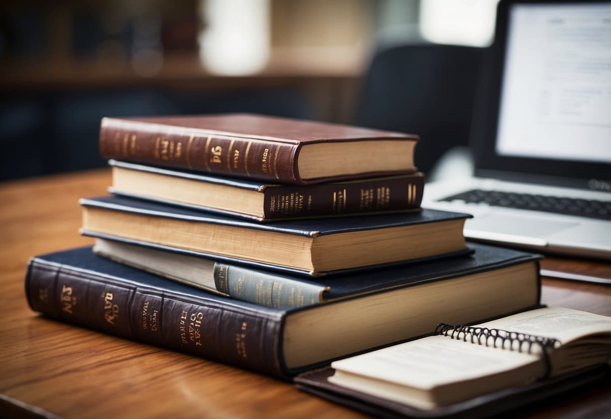 A group of law books stacked neatly on a desk, with a laptop open to a webpage titled "10 Tips for Training to be a Lawyer."