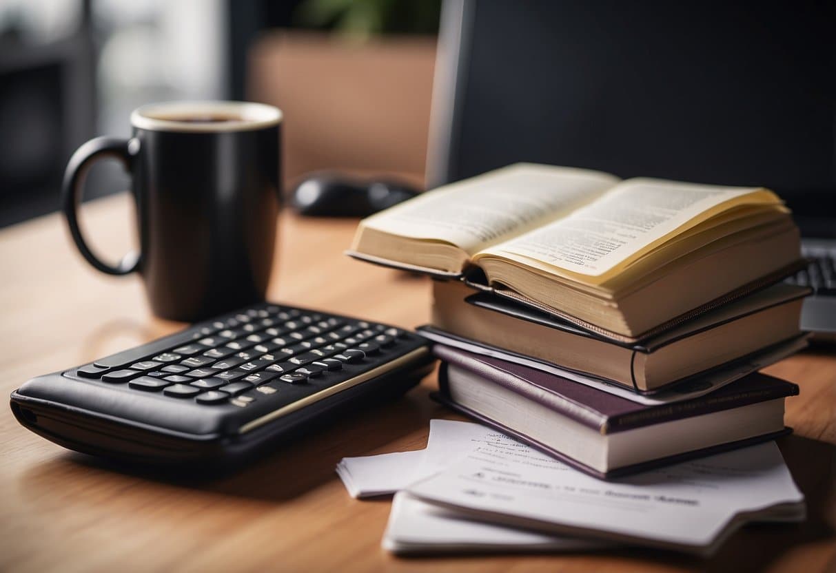 A stack of legal books and papers on a desk, with a laptop open to a legal news website. A mug of coffee and a notepad with "10 Tips For Training To Be A Lawyer" written on it