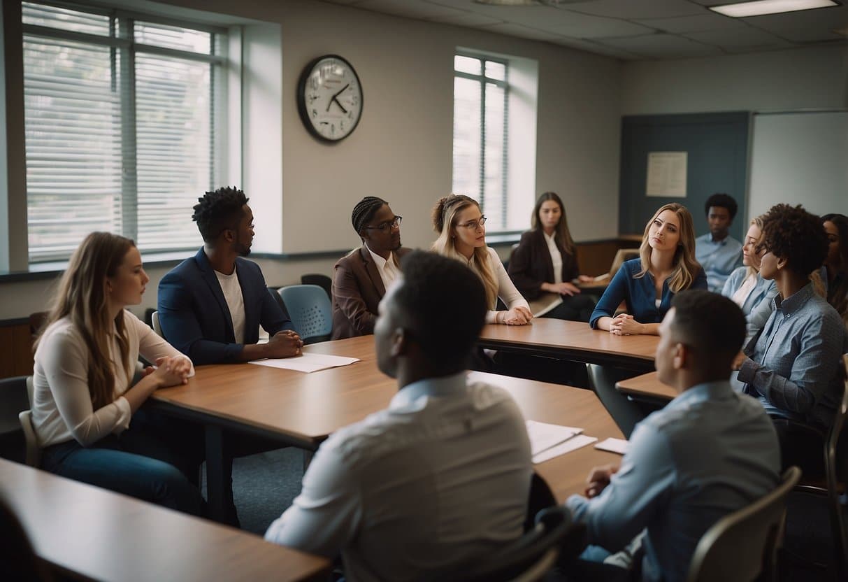 A group of students gather in a classroom, listening attentively as a legal professional presents 10 tips for training to be a lawyer. The room is filled with books, legal documents, and a sense of focused determination
