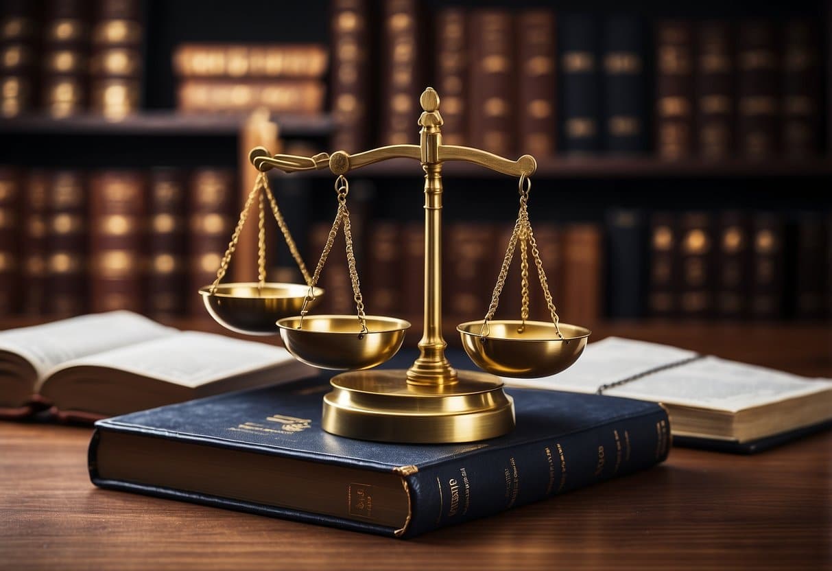 A stack of law books, a gavel, and a scale of justice on a desk. A person in a suit studying at a desk with a laptop and legal documents