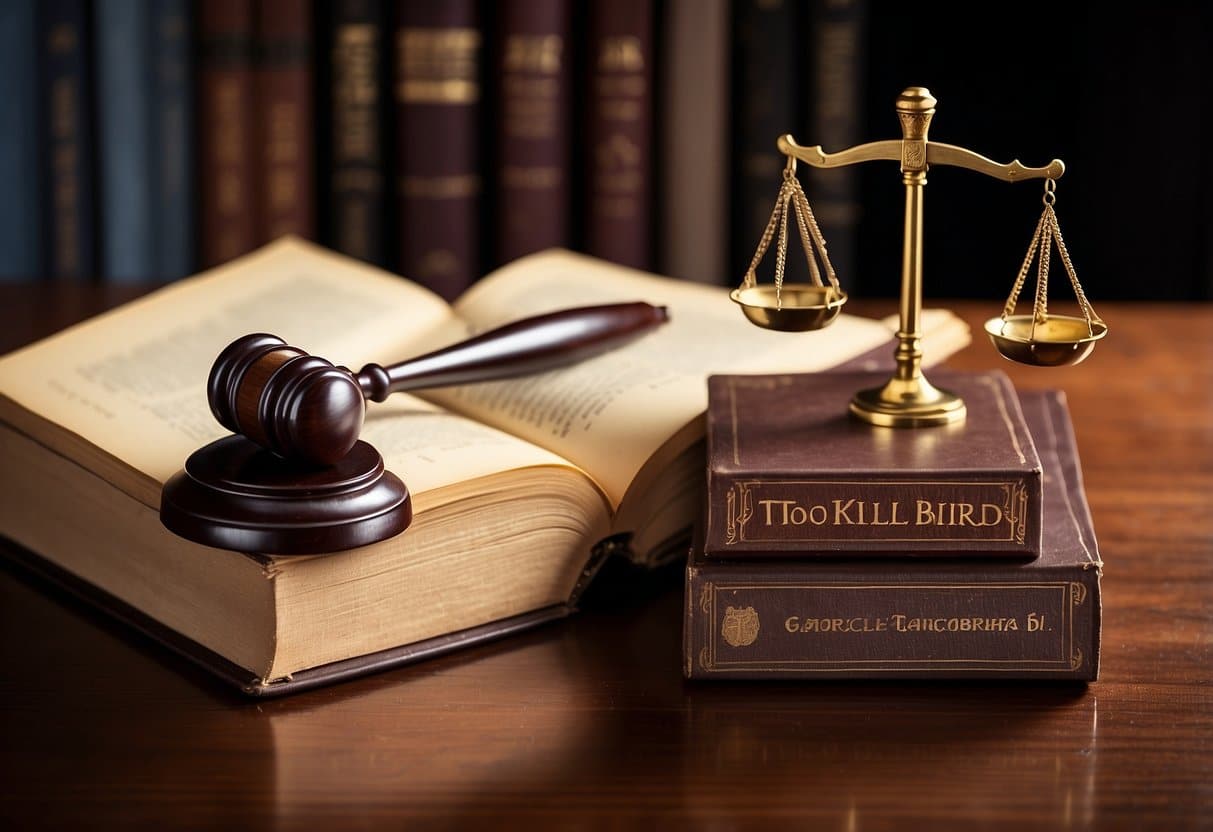 A stack of law books, a gavel, and a scale of justice on a desk with a "To Kill a Mockingbird" book open to a relevant page