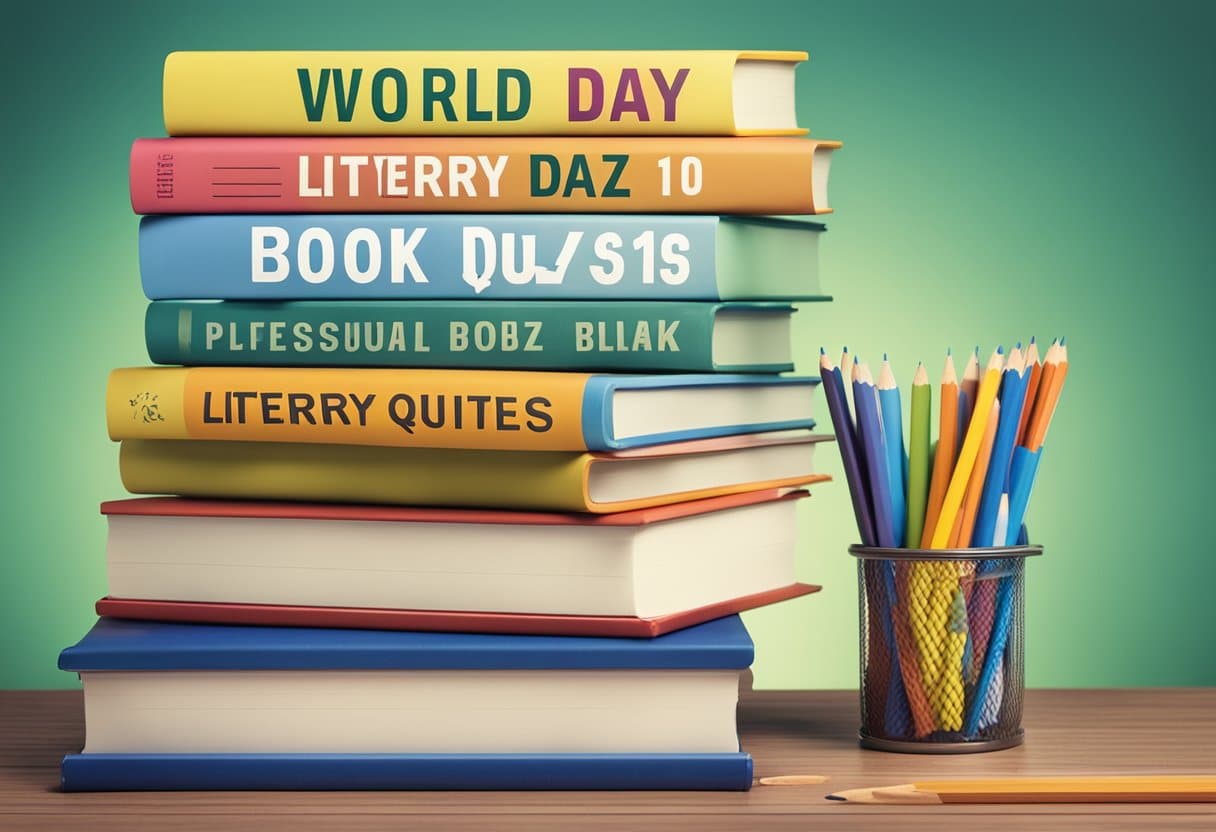 A stack of colorful books sits on a table, surrounded by open notebooks and pencils. A banner reading "Literary Quiz 10 World Book Day Activities" hangs above