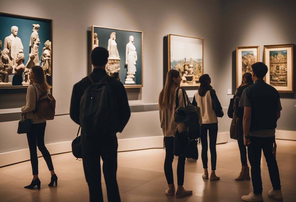 A diverse group of people admiring various forms of art and beauty, ranging from traditional to contemporary, in a museum or gallery setting