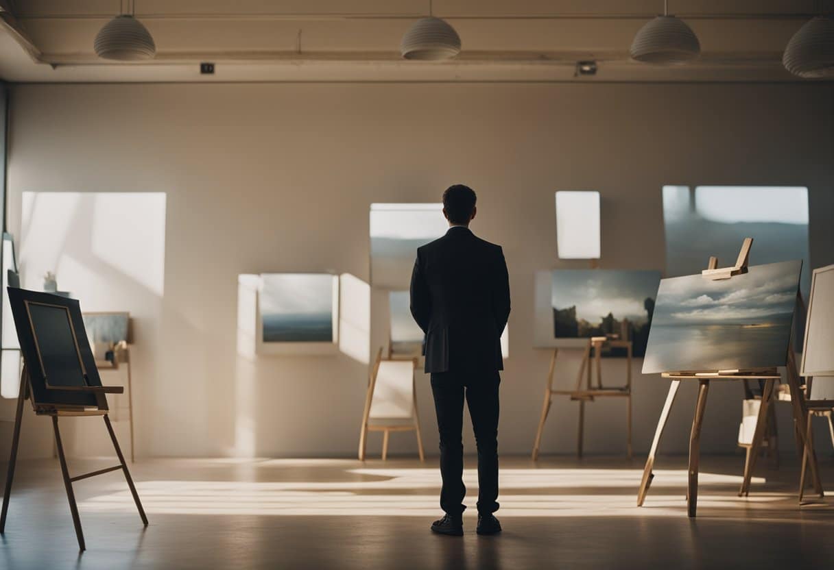 A solitary figure gazes at a painting, surrounded by empty frames and art supplies. The room is bathed in soft, warm light, creating a contemplative atmosphere