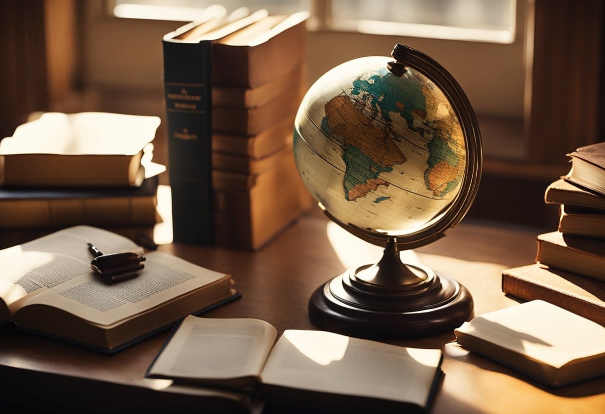 A cluttered desk with open books, a quill pen, and a globe. Sunlight streams through a window, casting shadows on the pages