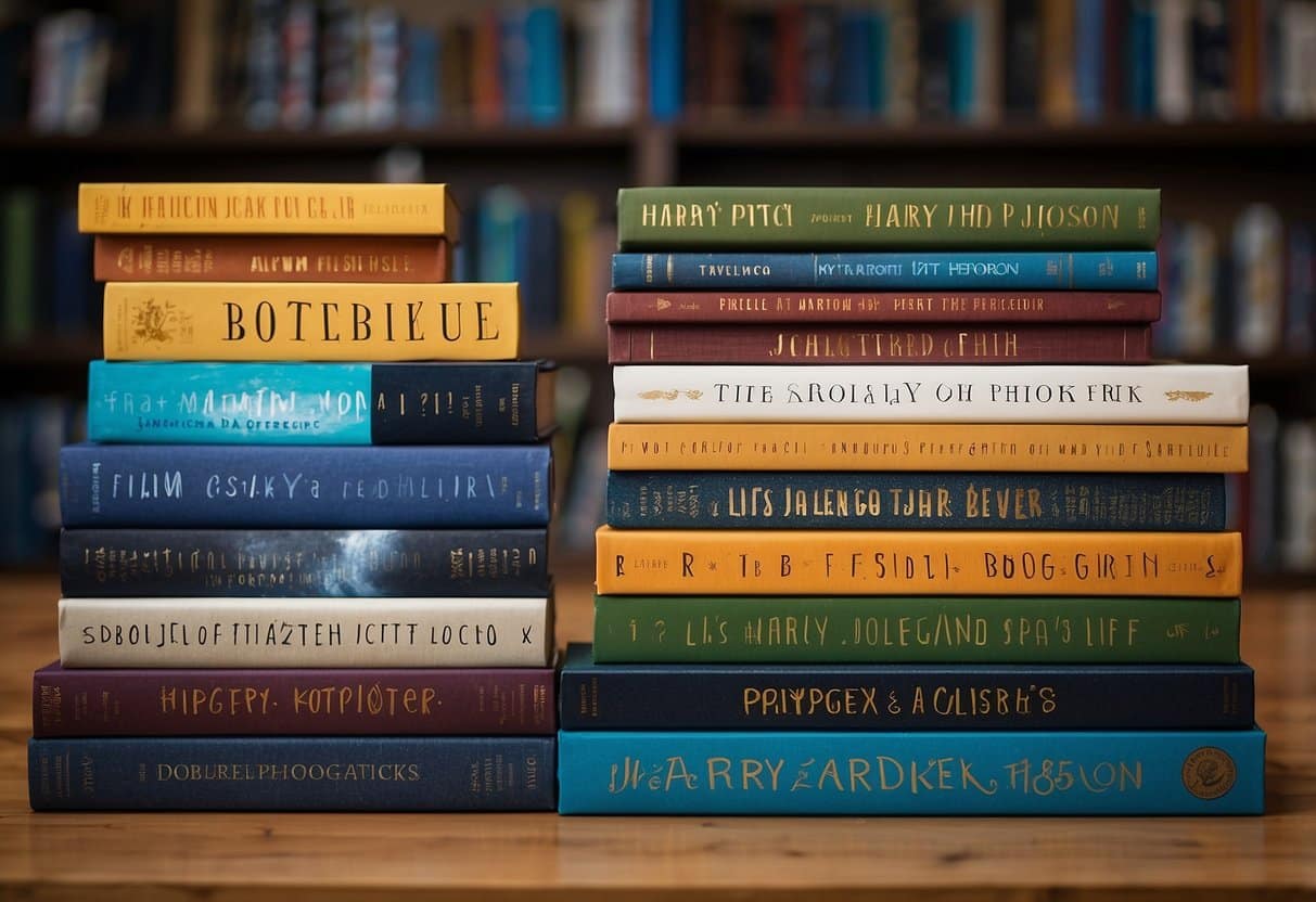 A stack of colorful books arranged in a neat row, with titles like "Harry Potter" and "Percy Jackson," sitting on a wooden shelf