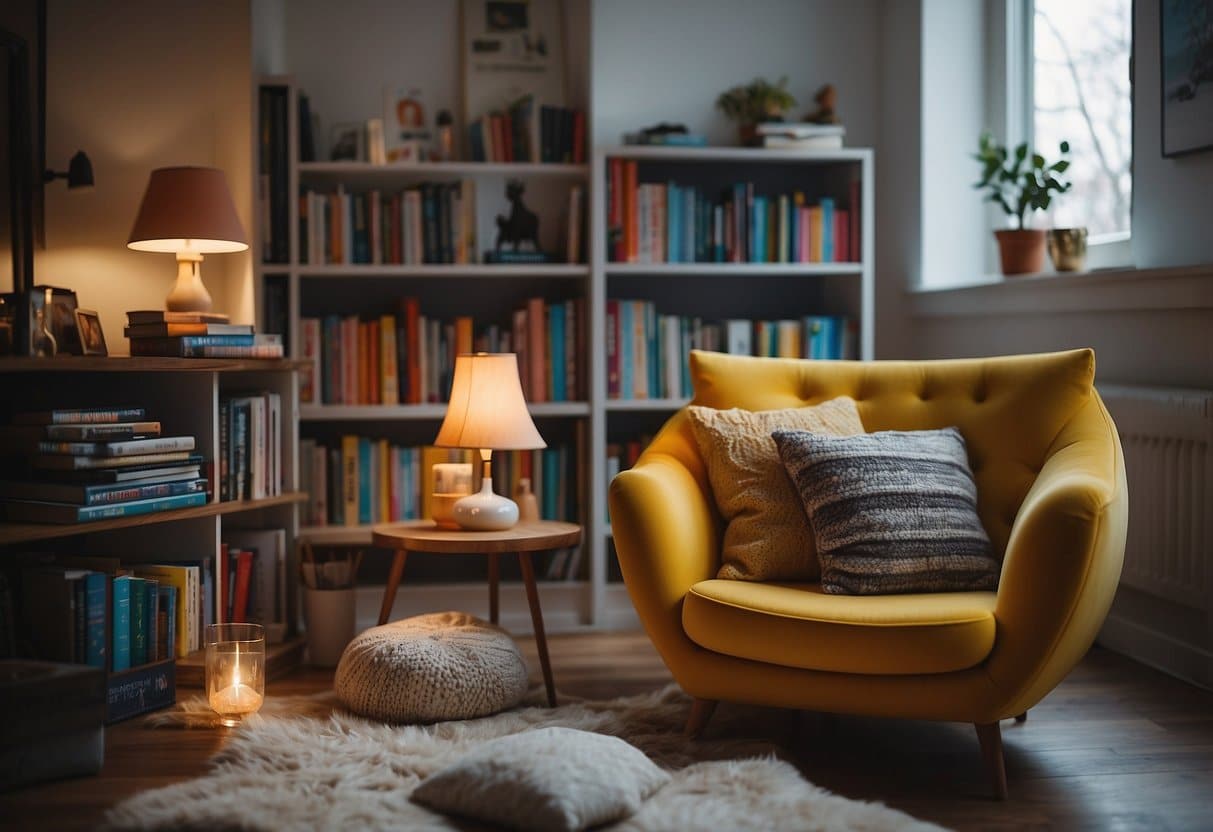 A cozy, well-lit room with a comfortable reading nook, filled with colorful and engaging books for 12-year-olds. A warm cup of tea or hot chocolate sits on a nearby table, inviting young readers to immerse themselves in the joy