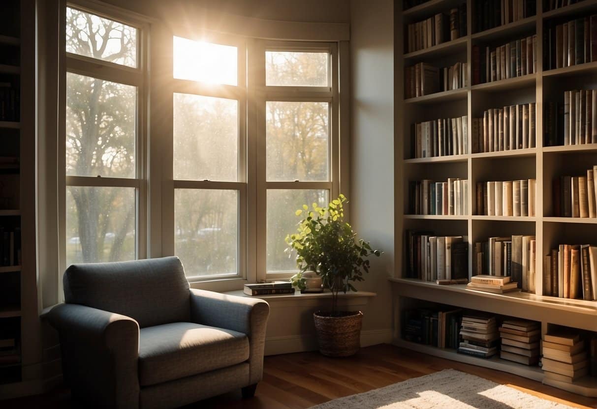 A cozy reading nook with a shelf of top 10 books for 12-year-olds, a comfy chair, and a reading lamp. Sunshine streaming through a window illuminates the inviting scene