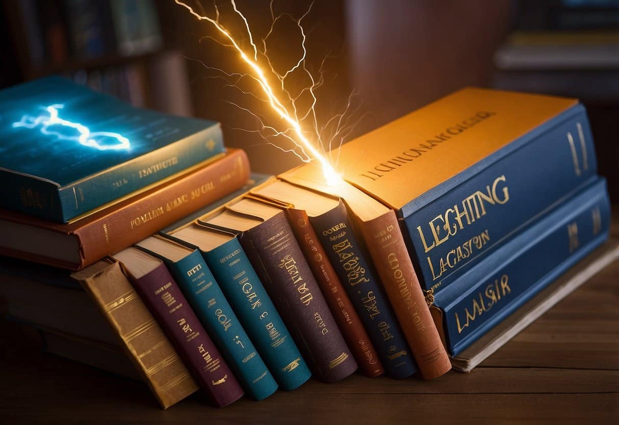 A lightning bolt strikes a top 10 book list for 11-year-olds, with Percy Jackson's name prominently displayed. The books are arranged in a colorful and eye-catching display, drawing in young readers