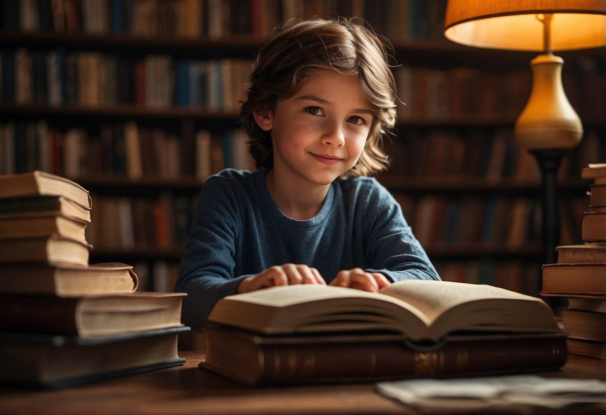 An 11-year-old sits in a cozy corner, surrounded by a pile of books. A warm lamp illuminates the scene as the child eagerly flips through the pages, lost in the magical world of reading