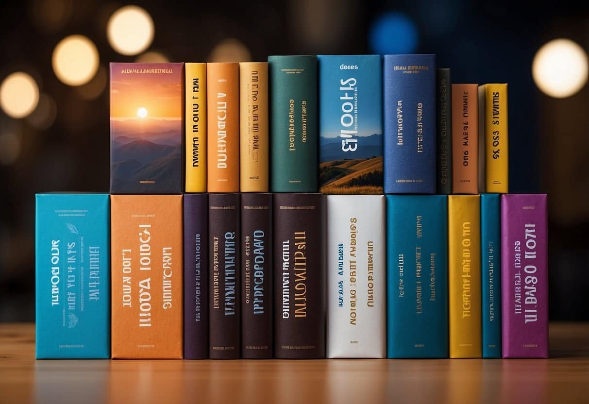 A table with a stack of colorful books, each with a different title, arranged in a neat row. A hand reaches out to pick one up