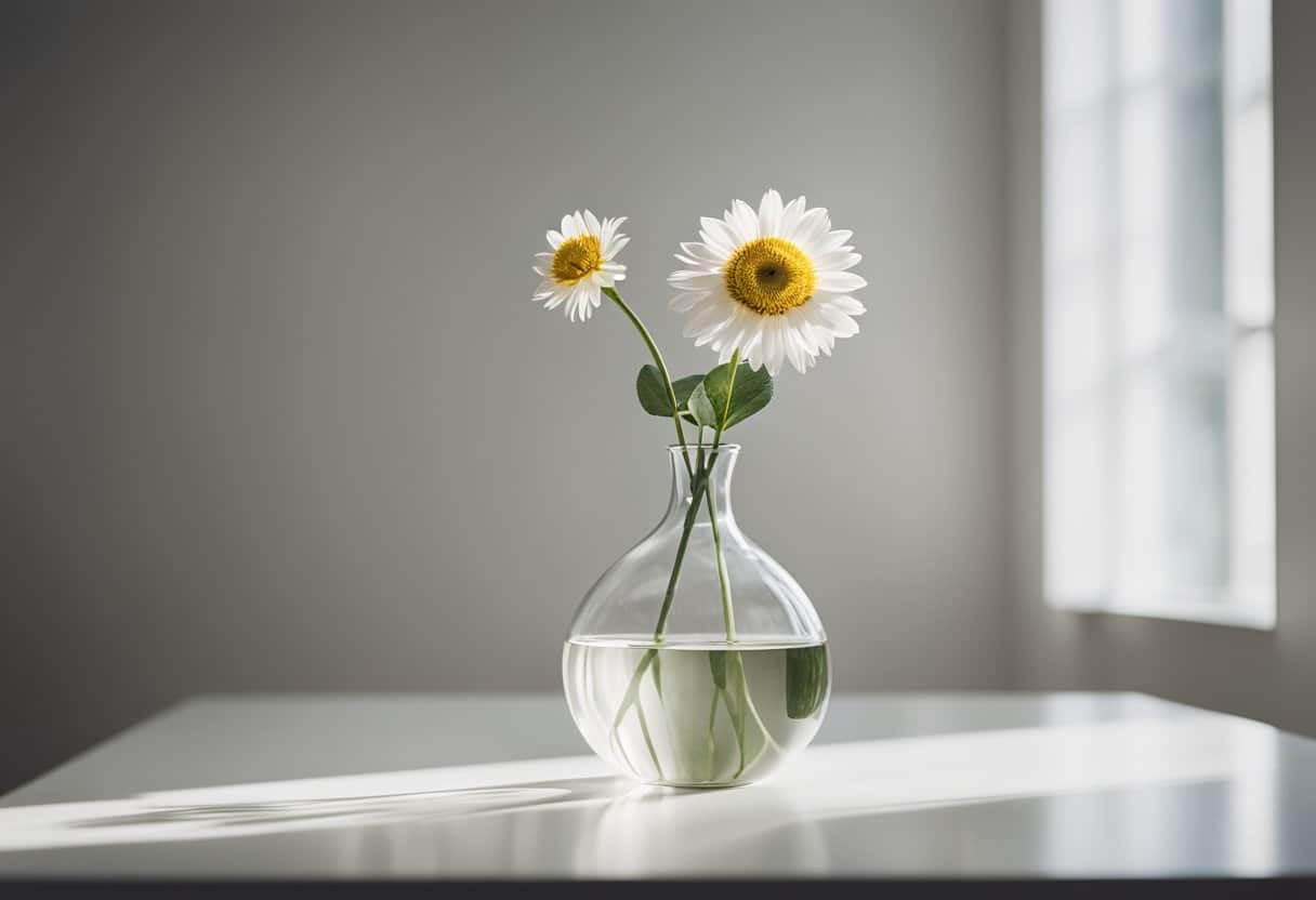 A single blooming flower in a minimalist vase on a clean, white table. Light filters in from a nearby window, casting soft shadows
