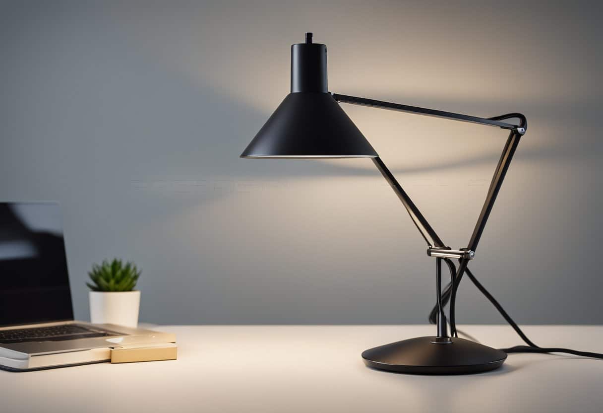 A sleek, minimalist desk lamp illuminates a clutter-free workspace. The clean lines and simple design emphasize the balance between form and function