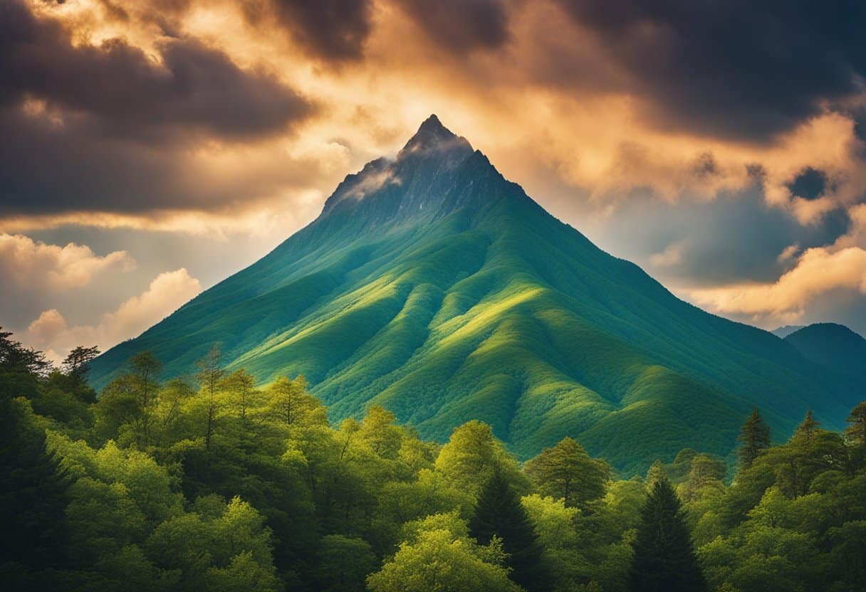 A majestic mountain peak surrounded by lush, vibrant foliage under a colorful, dramatic sky