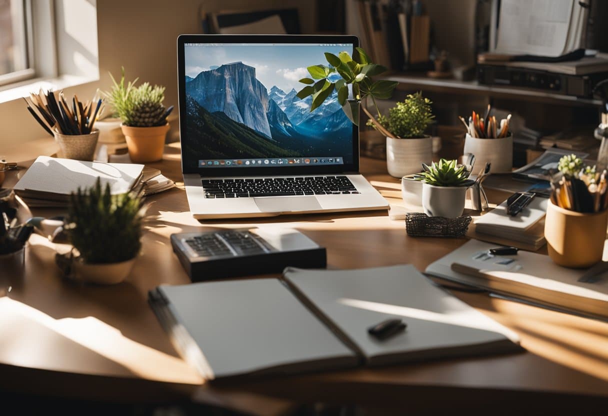 A cluttered desk with art supplies, a sketchbook, and a laptop. Aesthetic posters and prints decorate the walls. Sunlight streams in through the window, casting a warm glow