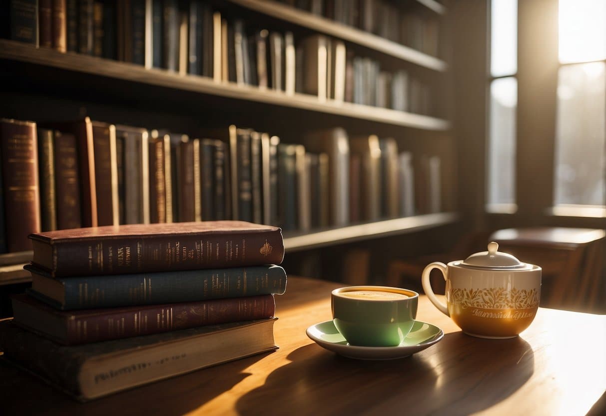 A cozy library with shelves of colorful books, a worn armchair, and a steaming cup of tea on a table. Sunlight streams through the window, casting a warm glow on the inviting scene