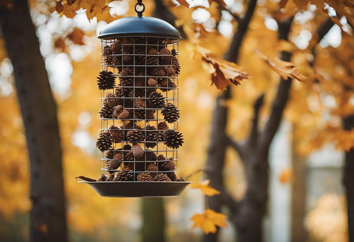 A group of pinecone bird feeders hanging from tree branches, surrounded by fallen autumn leaves