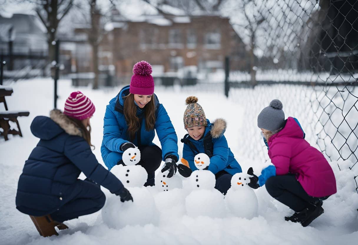 Children building snowmen and making snow angels in a fenced-in outdoor play area with a teacher supervising
