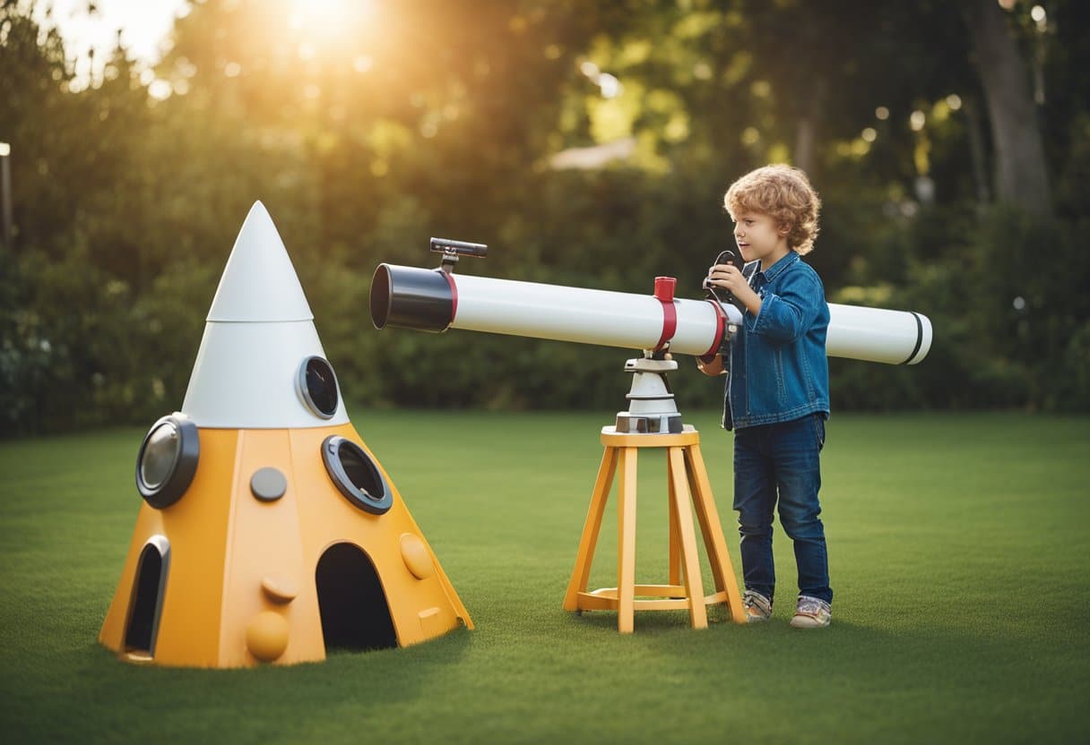 Children exploring a rocket ship playground, building a model solar system, and stargazing with a telescope in a backyard