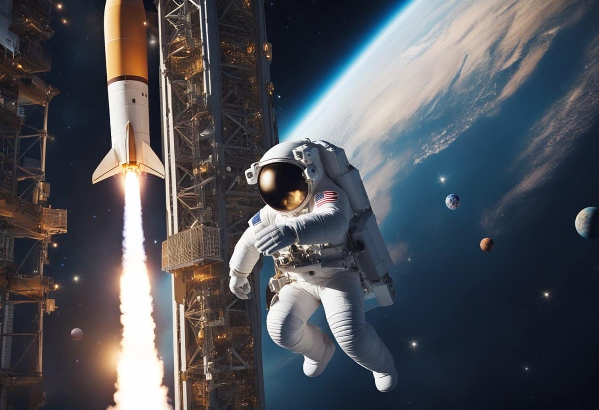 A rocket launching from Earth, surrounded by stars and planets, with astronauts conducting experiments in the weightlessness of space