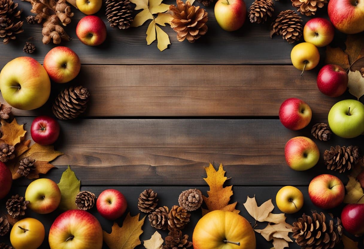 A wooden table with assorted autumn items: apples, leaves, pinecones, and sensory bins filled with various textures and colors