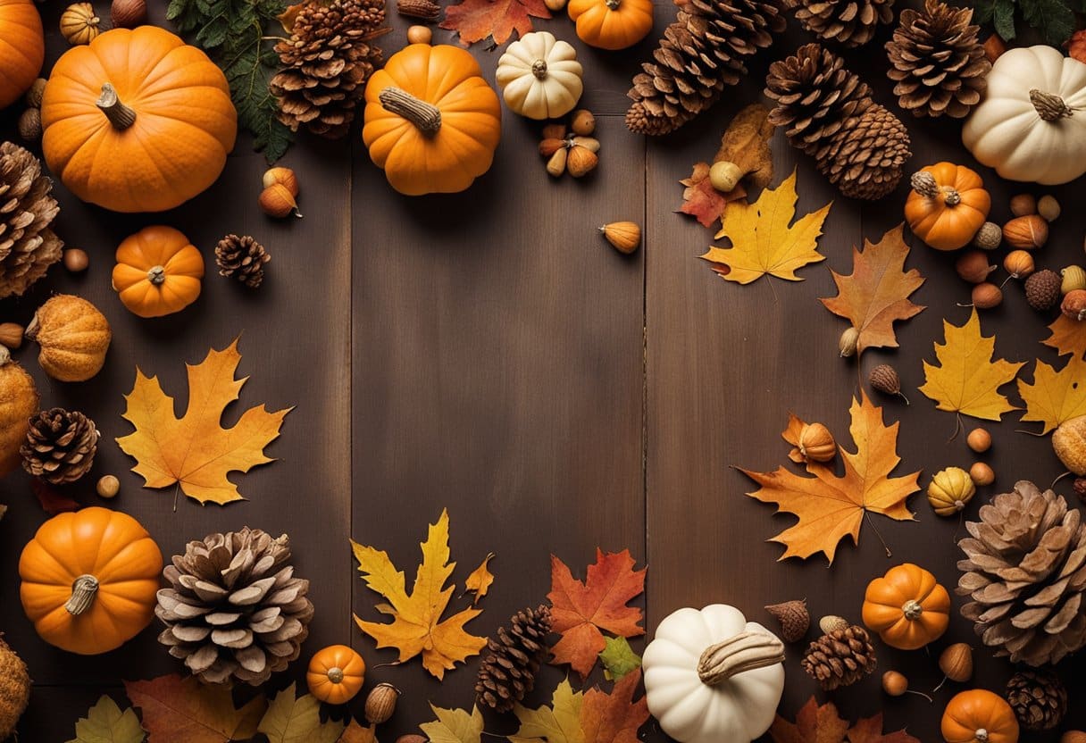 A table with 10 sensory bottles filled with autumn-themed items like leaves, acorns, and pinecones. Surrounding the table are various fall-related objects like pumpkins, gourds, and colorful leaves