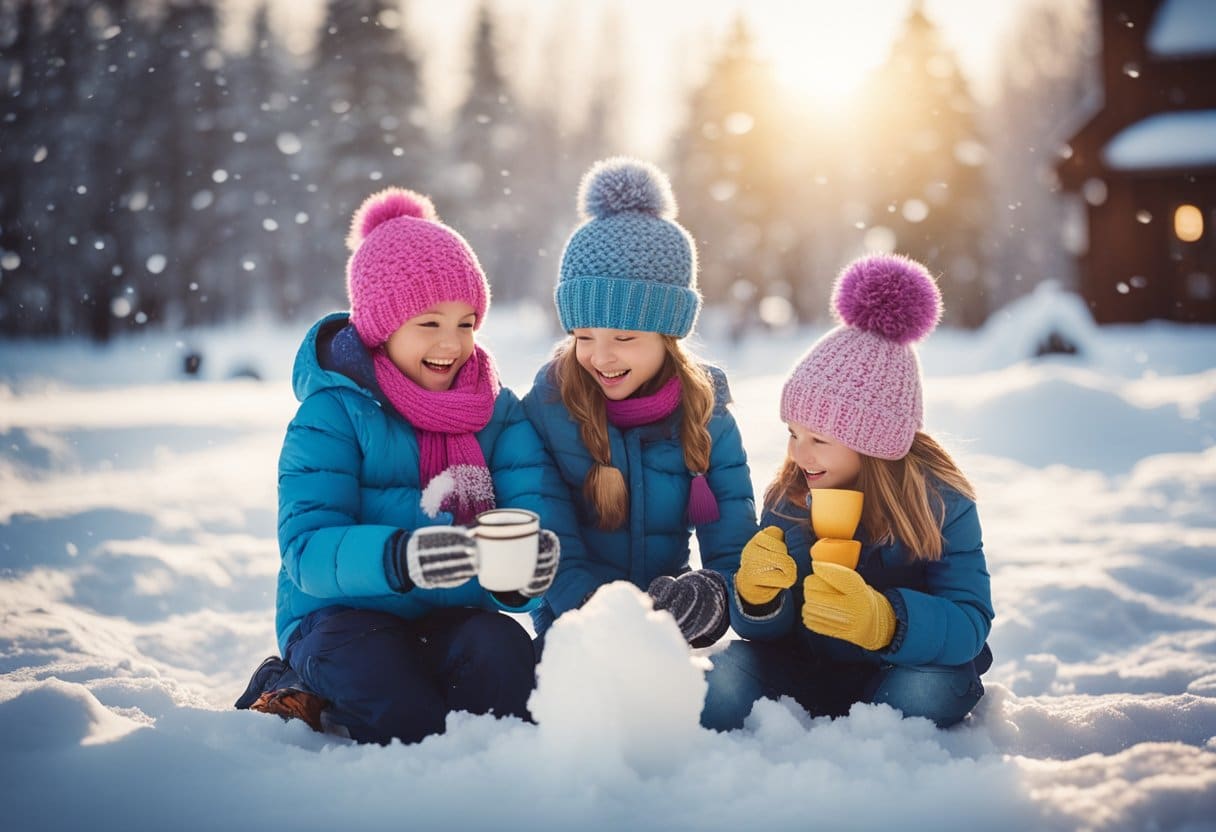 Children playing in the snow, building snowmen, and having a snowball fight. Others ice skating on a frozen pond, while some are sipping hot cocoa by a cozy fireplace