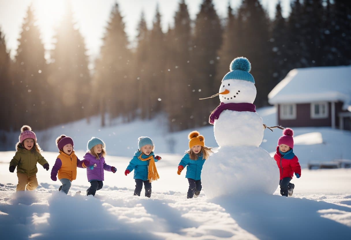 Children building a snowman, others sledding down a snowy hill, some ice skating on a frozen pond, and a group of kids having a snowball fight