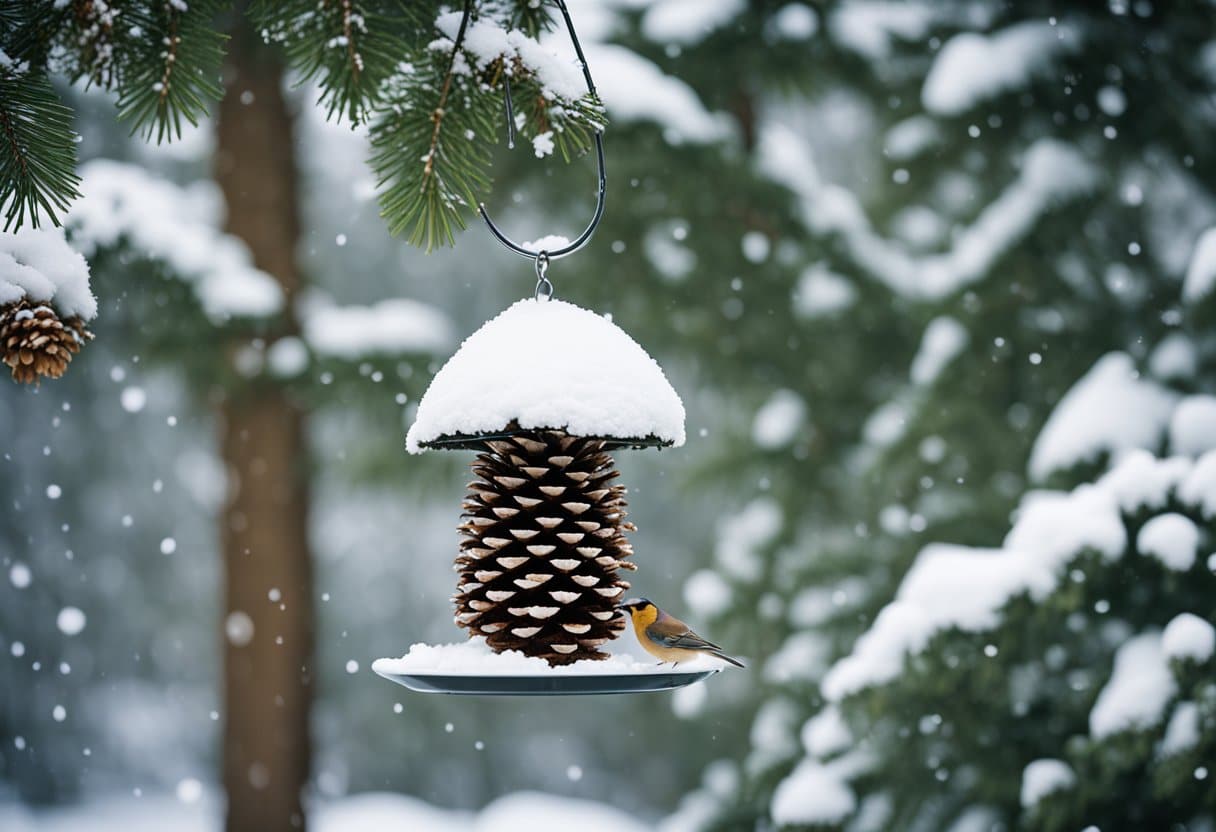 A pinecone bird feeder hanging from a tree branch, surrounded by snow and winter foliage