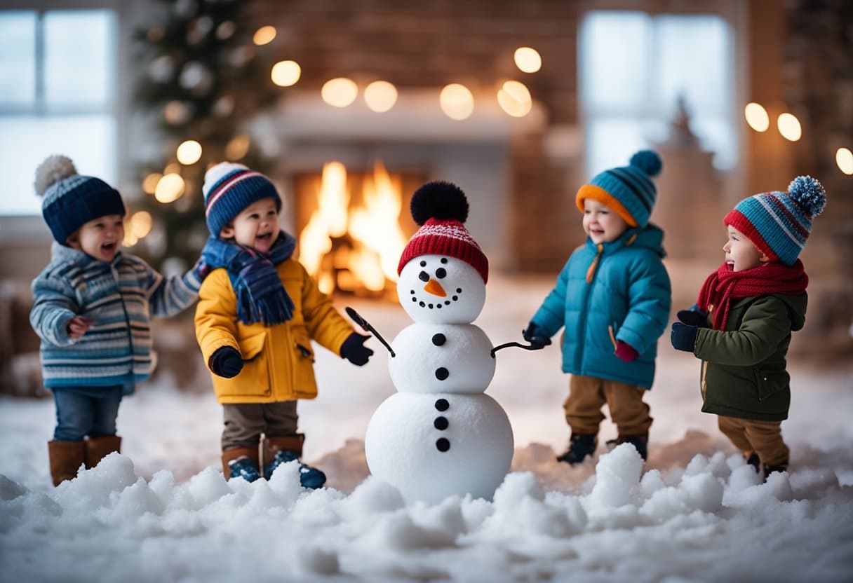 Children playing in the snow, building snowmen, having a snowball fight, and ice skating on a frozen pond. A cozy classroom with winter-themed arts and crafts, storytime by the fireplace, and hot cocoa