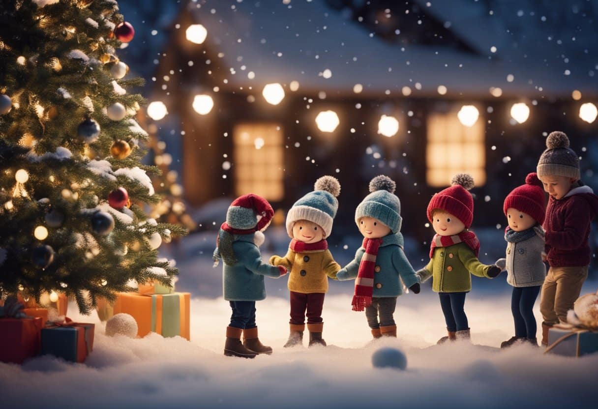 Children singing and dancing around a festive tree, while others make snowflakes and snowmen in a snowy EYFS setting