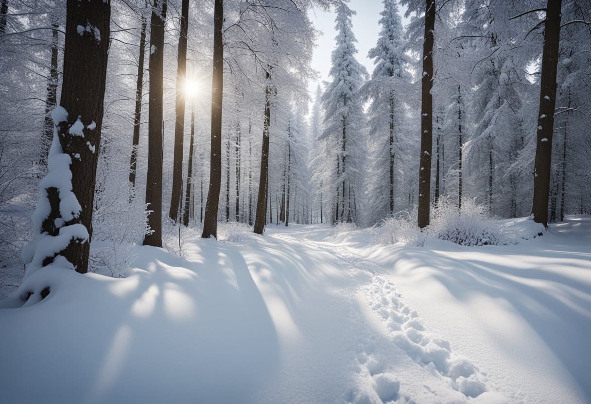 A snowy path winds through a forest, with snow-covered trees and a blanket of white covering the ground. Footprints lead off into the distance