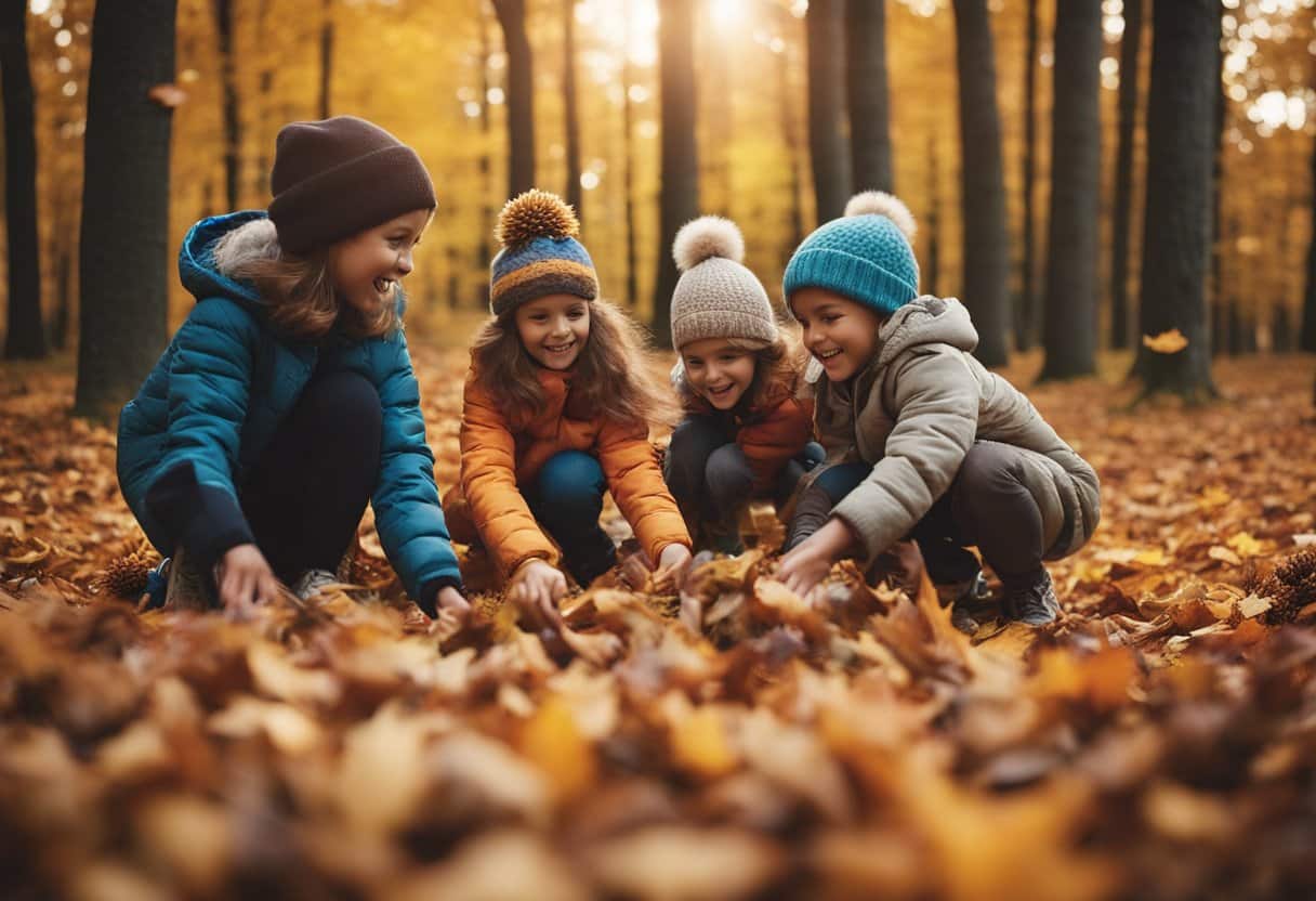 A group of children playing in a colorful pile of autumn leaves, while others gather acorns and pinecones in a forest clearing