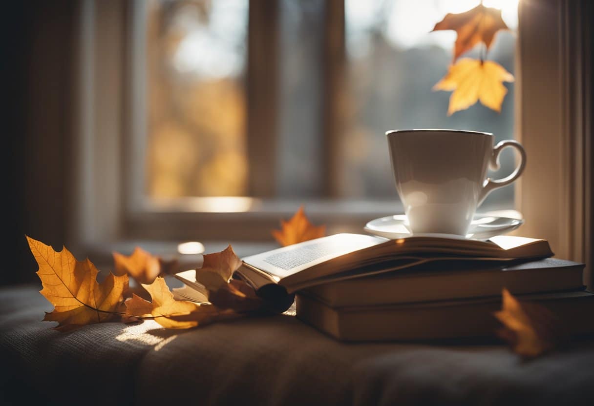 A cozy reading nook with a stack of books, a warm blanket, and a steaming cup of tea, surrounded by autumn leaves and a hint of sunlight filtering through the window
